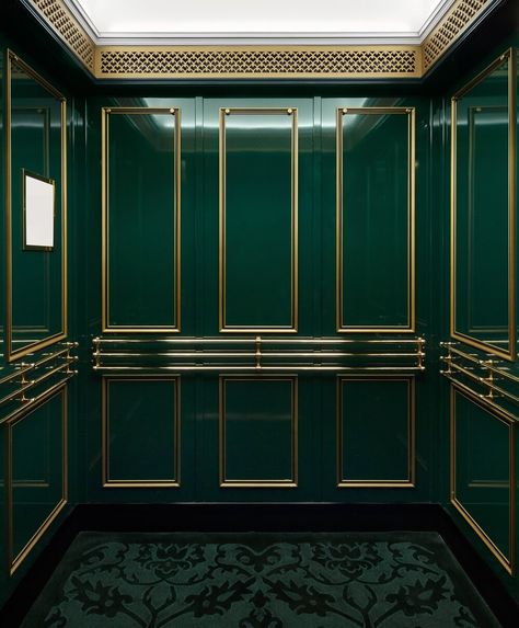 Private Women’s Club of Chicago Lustrous Elevator Transformation — Elevator Scene | Cab Interior Design, Modernizations & More Elevator Lobby Design, Elevator Interior, Elevator Lobby, Elevator Design, Nightclub Design, Lift Design, Lobby Interior, Green Walls, Lobby Design