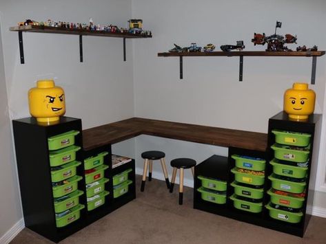 Lego storage table / desk using ikea trofast                                                                                                                                                     More Lego Storage Table, Lego Tables, Lego Table With Storage, Lego Desk, Lego Table Ikea, Lego Storage Organization, Lego Storage Ideas, Trofast Ikea, Lego Table Diy