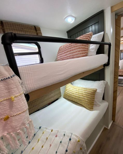 Laredo bunk room transformation I love the camper models with 3 and 4 bunk beds in the back. It reminds me of camping when I was a kid… | Instagram Bunk Railing Ideas, Western Bunkhouse, Rv Bunk Beds Ideas, Bunk Bed Rail, Camper Bunk Beds, Rv Bunk Beds, 5 Siblings, 4 Bunk Beds, 3 Siblings