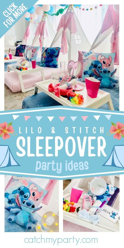 Take a look at this fun Lilo and Stitch sleepover! The teepees are awesome! See more party ideas and share yours at CatchMyParty.com Lilo Stitch Birthday Party Food, Lilo And Stitch Bday Party Ideas, Lilo And Stitch Party Snacks, Stitch Sleepover Ideas, Stitch Sleepover, Diy Stitch Party Decorations, Lilo And Stitch Sleepover Ideas, Cute Stitch Birthday Ideas, Stitch Donuts Ideas