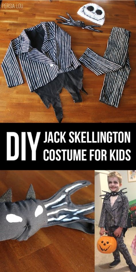 DIY Jack Skellington Kid's Costume - Persia Lou Disfraz Jack Skeleton, Jack Skellington Costume Kids, Jack And Sally Costumes, Jack Skellington Halloween Costume, Diy Jack Skellington Costume, Diy Jack Skellington, Skellington Costume, Jack Skellington Costume, Sally Costume