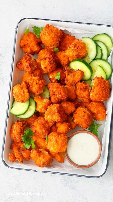 Air Fryer Buffalo Cauliflower - BEST! | KITCHEN @ HOSKINS Cauliflower Panko, Cauliflower Wings Air Fryer, Air Fryer Buffalo Cauliflower, Buffalo Fries, Buffalo Cauliflower Wings, Buffalo Cauliflower Recipes, Air Fryer Fried Chicken, Cauliflower Buffalo Wings, Homemade Buffalo Sauce