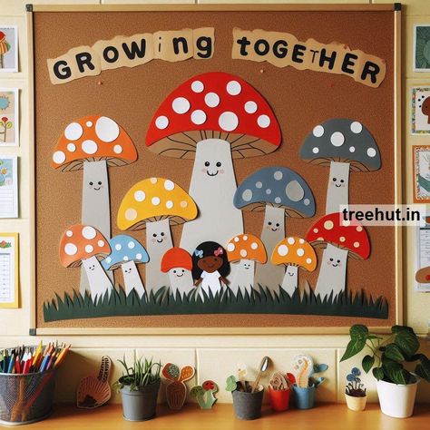 Mushroom Bulletin Board Ideas and Activities for Elementary School in Fall, Back to School Classroom Decoration and Activities Simple Fall Door Decorations Classroom, Bulletin Board Ideas For Parent Info, Fall Inspiration Bulletin Boards, Fall Bolton Boards, Moon Phases Bulletin Board, School Pano Ideas, Fall Themed Classroom Bulletin Boards, Elementary Back To School Bulletin Board, Vpk Bulletin Board Ideas