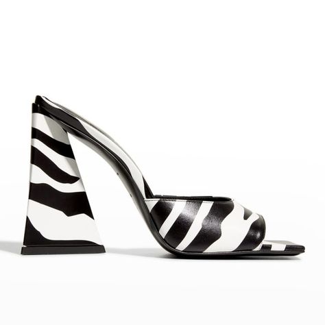 zebra print shoe Triangle Heels, Zebra Print Shoes, The Attico, Mule Sandals, Chunky Heel, Zebra Print, Chunky Heels, Couture Fashion, Devon