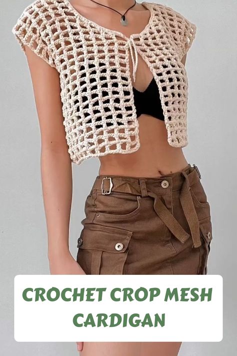 Whether you’re in the mood for a casual top or something more dressy, this Crochet Crop Mesh Cardigan will have you looking your best. Here is a detailed explanation of how to create your own. #crochettop Crochet Mesh Vest, Crochet Mesh Top, Mesh Vest, Mesh Cardigan, Crochet Boho Top, Crochet Crop, Unique Crochet, Crochet Accessories, In The Mood