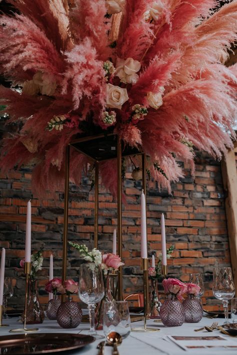 Pink Pampas Grass Wedding Centerpieces, Roses And Feathers Centerpiece, Pink Feather Party Decor, Pink Ostrich Feather Centerpiece, Ostrich Feathers And Roses Centerpieces, Feather Arrangements, Pink Pampas, 47th Birthday, Modern Flowers