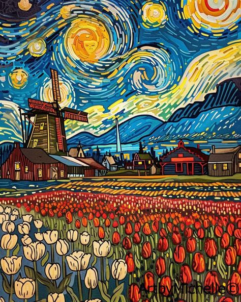 🎨✨ New Artwork Alert! ✨🎨 Immerse yourself in the vibrant and mesmerizing world of "Starry Fields of Holland" 🔥*Limited Edition*🔥 This piece captures the serene beauty of a starry night over a blooming tulip field and a charming windmill. Let this artwork transport you to a place of tranquility and wonder. 🌷🌟 Discover more of my creations at www.artbymichelle.eu #ArtByMichelle #tulipdreams #starrynight #windmillart #artlovers #supportartists #ContemporaryArt #ModernArt #ArtGallery #Supp... Amsterdam Souvenirs, Windmill Art, Holland Art, Tulip Field, Amsterdam Art, A Starry Night, Tulip Fields, Van Gogh Art, Starry Night Van Gogh