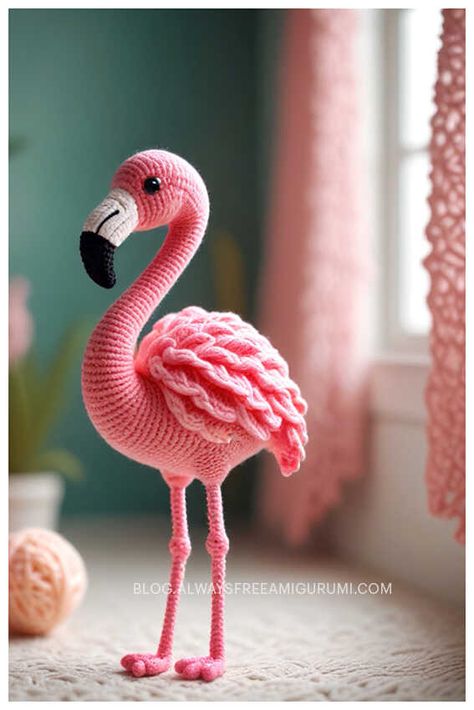 Amigurumi Flamingo Crochet Free Pattern Grace And Yarn, Amigurumi Flamingo, Crochet Flamingo, Flamingo Craft, Crochet Feather, Free Amigurumi Crochet Patterns, Spiral Crochet, Tiny Animals, Crochet Birds