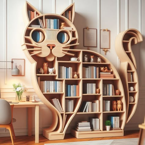 Cat-Shaped Bookshelf Cat Themed Furniture, House Organizing Ideas, Fantasy Furniture, Whimsical Furniture, Home Library Design, Bookshelf Design, Cat Things, Cat Cafe, Library Design