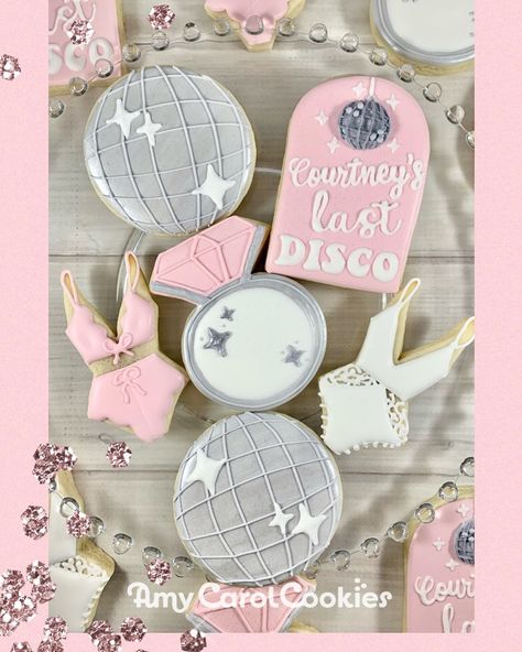 Last Disco Cookies Decorated, Bachelorette Macarons, Disco Cookies Bachelorette, Last Disco Bachelorette Cookies, Disco Bachelorette Cookies, Disco Ball Sugar Cookies, Last Disco Cookies, Bach Cookies, Cookie Bouquets