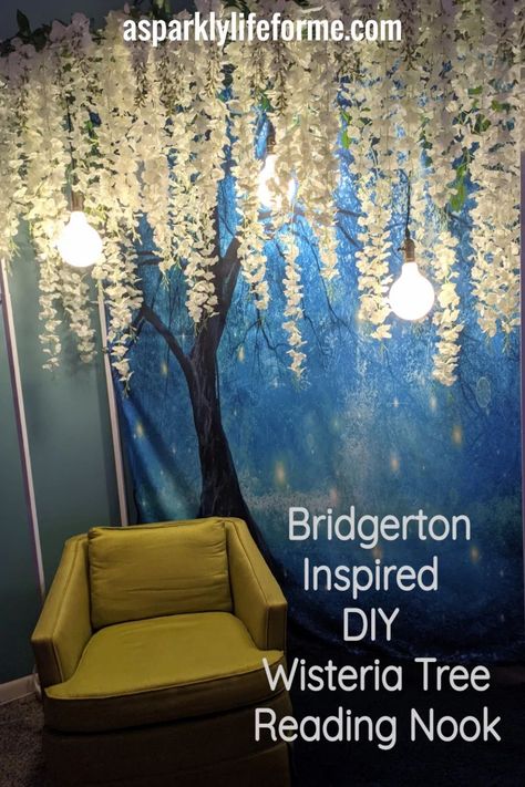 Bridgerton Inspired – DIY Wisteria Tree Reading Nook with Tapestry Backdrop with video tutorial Wysteria Tree, Tree Reading Nook, Diy Wisteria, Tapestry Backdrop, Black Bedroom Design, Wisteria Tree, Bridgerton Inspired, Diy Canopy, Bohemian Room