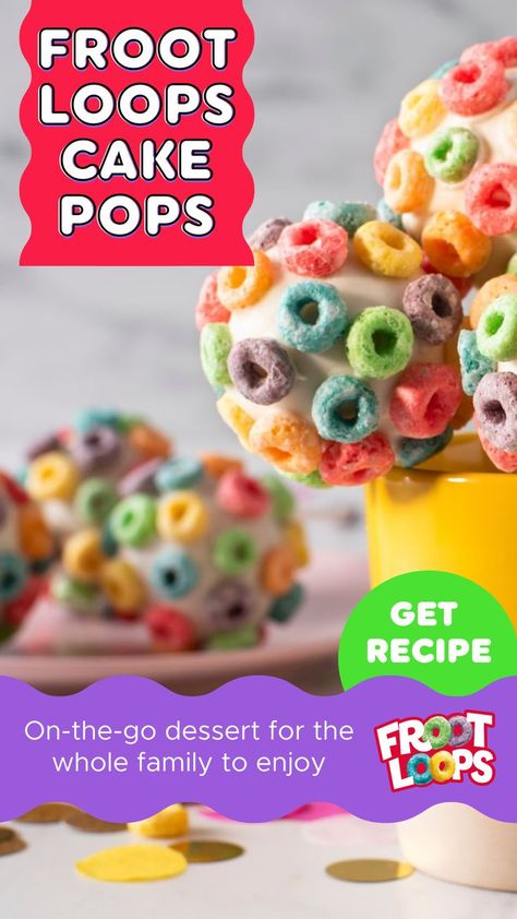 Pick your favorite cake mix for these simple-to-make dessert pops. They’re the perfect bite-sized party treat for any occasion! Fruit Loop Cake, Fruit Loops Cereal, Cake Pop Stands, Crumble Cake, Cake Pop Sticks, Cake Pop Recipe, Cake Bites, Cake Mixture, Fruit Loops