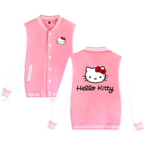 Introducing The Ultimate Statement Piece For Hello Kitty Fans - A Sporty Pink And White Varsity Jacket Emblazoned With The Beloved Character. Crafted From High-Quality Materials, This Eye-Catching Jacket Exudes Style And Personality. While It's Labeled As Size Xxl, Please Note That It Runs A Bit Small, So Be Sure To Check Out The Photos For Accurate Measurements. Elevate Your Wardrobe With This Iconic And Playful Hello Kitty Jacket That's Sure To Turn Heads Wherever You Go! Closure: Snap Button Hello Kitty Jacket, Kuromi Clothes, White Varsity Jacket, Varsity Jacket Women, Hello Kitty Pink, Cute Dress Outfits, Girly Accessories, Pink And White, Snap Button