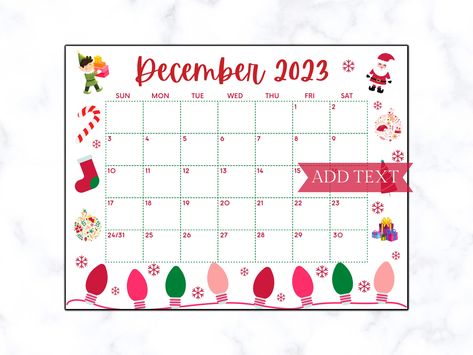 "Printing your DECEMBER CALENDAR for the holidays has never been easier! This Holiday Calendar can be EDITED and used as a calendar for fridge, homeschool calendar, wall calendar 2023, office calendar, and printed for the month of December 2023!  You can print your EDITABLE December Calendar in home on regular printing paper or choose a local print shop of your liking. My personal favorite thing to do with this printable calendar is to have it laminated and hung as a fridge calendar. It helps me December Calendar 2023 Whiteboard, December Whiteboard Calendar, December Calendar Ideas, December Background, Printable December Calendar, 2024 Printable Calendar, Homeschool Calendar, Fridge Calendar, Calendar December