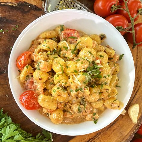 Lemon Caper Langoustine Gnocchi Blackstone Griddle, Herb Seasoning, Gruyere Cheese, Pickle Relish, Recipe Video, Pinch Of Salt, Red Pepper Flakes, Red Peppers, Gnocchi