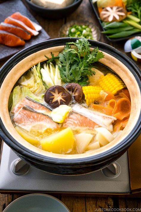 With salmon, potatoes, and corn cooked in savory miso-based broth, this Salmon Hot Pot (Ishikari Nabe) is a popular nabe dish from Hokkaido. #hokkaido #salmon #hotpot #ishikarinabe | Easy Japanese Recipes at JustOneCookbook.com Nabe Recipe, Salmon Potatoes, Potatoes And Corn, Hot Pot Recipe, Vegan Japanese, Just One Cookbook, Easy Japanese Recipes, Seasoned Rice, Japanese Cooking