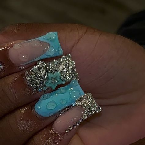 Teal Hoco Nails, Medium Short Nails, Cute Nails Acrylic, Teal Acrylic Nails, Pinned Post, Retro Nails, Acrylic Toe Nails, Acrylic Nail Set, Hard Nails