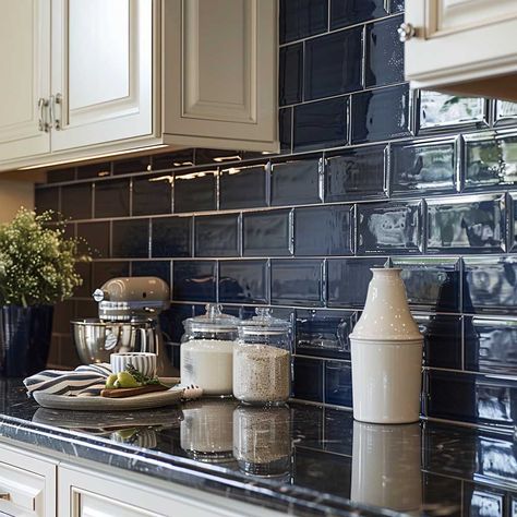 17+ Blue Kitchen Backsplash Designs for a Serene Cooking Space • 333+ Inspiring Lifestyle Ideas Dark Blue Kitchen Backsplash, Navy Blue Kitchen Backsplash, Dark Blue Backsplash Kitchen, Blue Kitchen Backsplash, Blue Backsplash Kitchen, Glass Subway Tile Backsplash, Glass Tiles Kitchen, Dark Blue Kitchens, Columns Decor