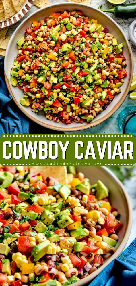 Out of Spring food ideas? This Cowboy Caviar recipe is made with black-eyed peas, black beans, corn, avocado, and veggies that are tossed in a simple, tangy vinaigrette. It also makes a great summer appetizer recipe! The Best Cowboy Caviar, Party Munchies, Cowboy Caviar Recipe, Balkan Food, Texas Caviar, Cold Salads, Caviar Recipes, Cowboy Caviar, Bbq Food