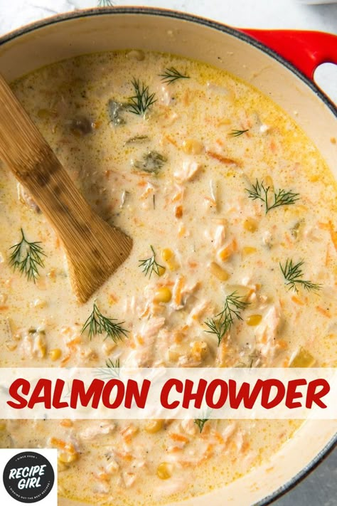 pot of salmon chowder Salmon Chowder Recipe Easy, Chowder Recipes Healthy, Salmon Chowder Recipe, Salmon Soup, Canned Salmon Recipes, Salmon Chowder, Seafood Entrees, Chowder Soup, Chowder Recipe