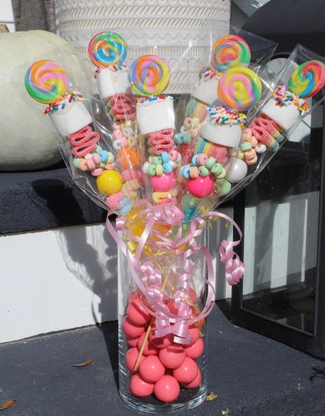 Lollipop Candy Kabobs, Gummy Candy Kabobs, Candy Theme Birthday Party, Candy Kabobs, Individually Wrapped Candy, Candy Land Birthday Party, Candy Bouquet Diy, Wrapped Candy, Gift Bags Diy