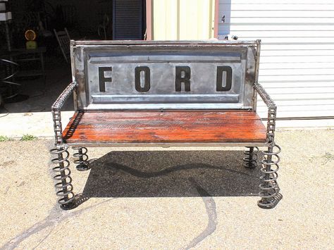 For the FORD Truck lover http://recycledsalvage.wordpress.com/2014/11/26/old-ford-truck-custom-made-tailgate-benches-by-recycled-salvage-design/ Chevy Tailgate Bench, Truck Tailgate Bench, Rustic Wood Bench, Tailgate Bench, Car Parts Decor, Diy Bench Outdoor, Car Part Furniture, Automotive Furniture, Car Furniture