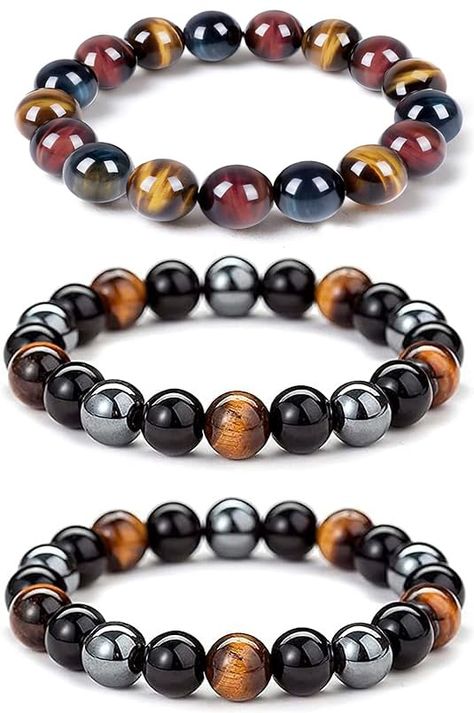 PRICES MAY VARY. Set of 3 12 ммм 7.5 inch (19 cm) natural stone bracelet: Tiger's eye stone, hematite and obsidian to create Powerfull triple protection bracelet, healthy and balanced to heal the soul jewelry. Our suit includes three 12 mm bracelets, each 7.5 inches (19 cm), made of the best natural gems-tiger's eye, hematite and obsidian. Together, these gems create a powerful triple protection bracelet, which promotes health, balance and soul healing. [Triple protection bracelet] The bracelet Soul Healing, Bracelet Crystal, Female Male, Jewelry Beaded, Natural Stone Bracelets, Protection Bracelet, Bracelet Ideas, Hematite Beads, Tiger Eye Stone