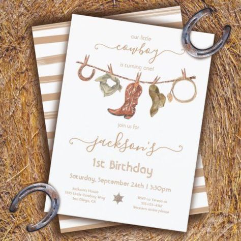 $ 2.7 | Cowboy Western Boy Clothesline Birthday Party #watercolor #clothesline #modern #simple #neutral #cowboy #western #cowboy birthday #1st birthday #one year old Western 1st Birthday Party Boy, Cowboy First Birthday, Cowboy Themed Birthday Party, Cowboy Invitations Birthday, Western Boy, Cowboy Invitations, Wild West Birthday, Rodeo Birthday Parties, Baby Party Decorations