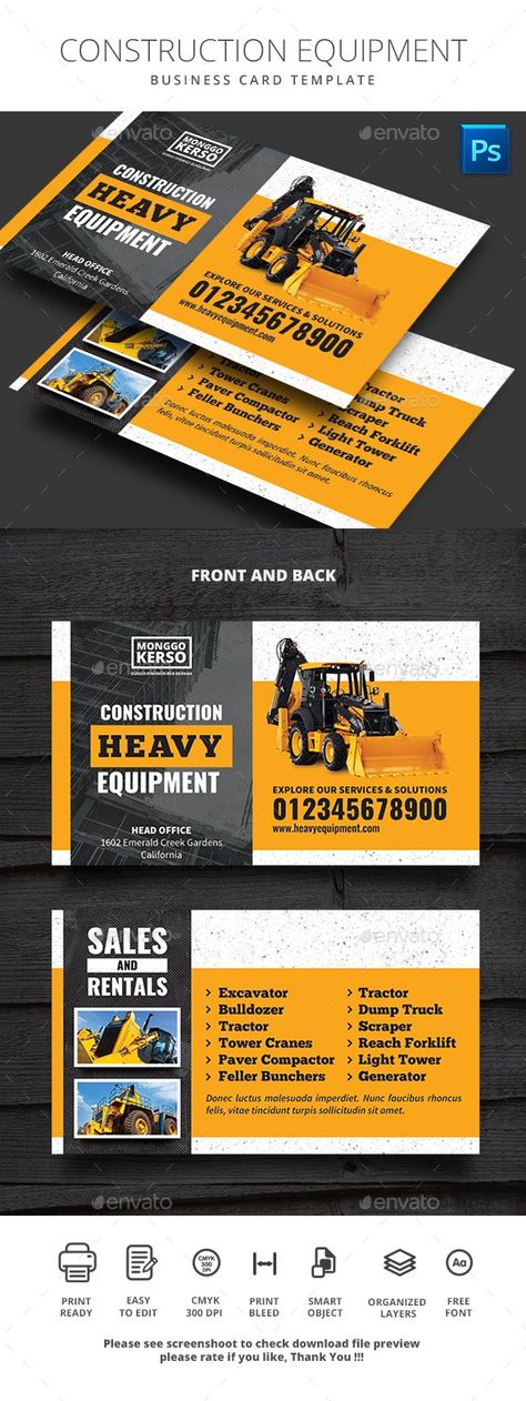 Construction Heavy Equipment Business Card - Business Cards Print Templates Construction Card Design, Contractor Business Card, Construction Business Card Design, Business Card Design Construction, Construction Business Cards Ideas, Business Card Construction, Cart Visit, Business Card Fonts, Construction Company Logo