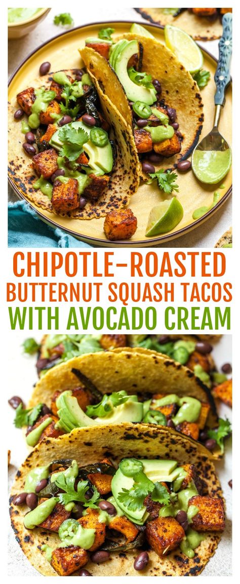 Squash Tacos, Butternut Squash Tacos, Vegetarian Tacos Recipes, Tacos Vegan, Vegan Chipotle, Butternut Squash Chili, Creamy Avocado Sauce, Veggie Tacos, Poblano Peppers