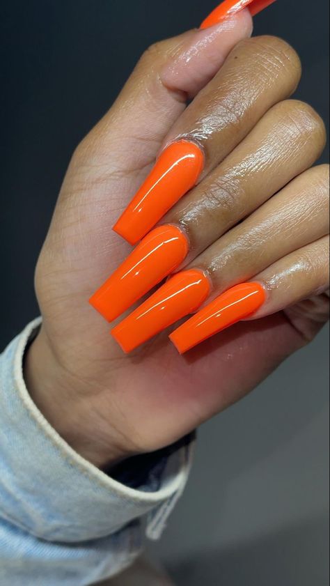 Orange Acrylics, Raw Nails, Drippy Nails, Plain Acrylic Nails, Neon Orange Nails, Short Coffin Nails Designs, Orange Acrylic Nails, Neon Acrylic Nails, Cow Nails