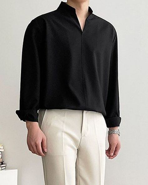 Stand Up Collar Shirt, Kpop Fashion Men, Black Outfit Men, Smart Casual Menswear, Mens Casual Outfits Summer, Men Fashion Casual Shirts, Men Stylish Dress, Mens Casual Dress Outfits, Guys Clothing Styles