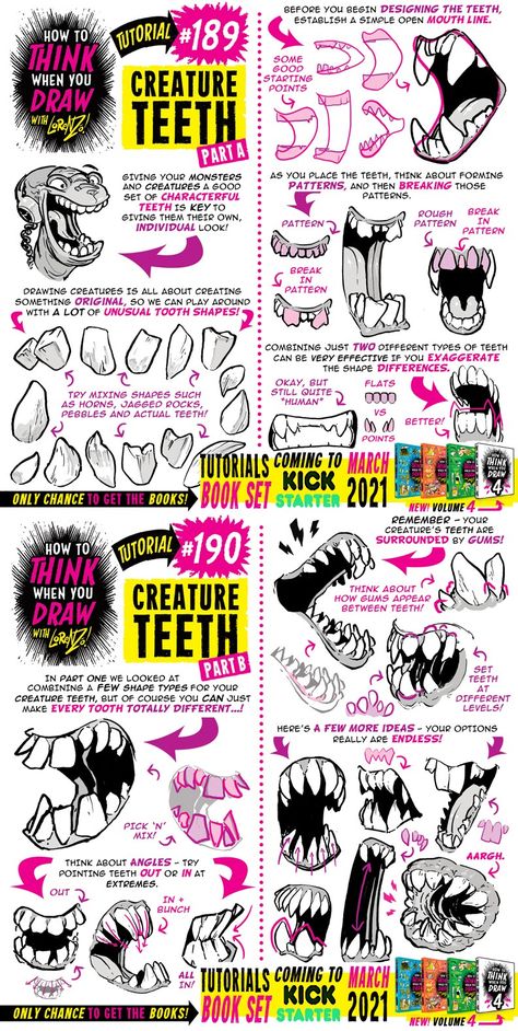 Creature Teeth Drawing, Teeth Tutorial Drawing, Monster Teeth Drawing Reference, How To Think When You Draw, Teeth Reference Drawing, Teeth Drawing Reference, Teeth Tutorial, How To Draw Teeth, How To Draw Monsters