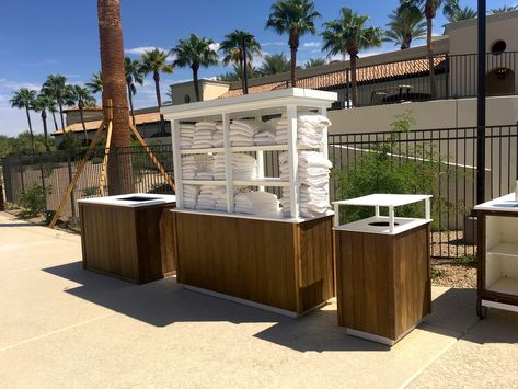 Pool towel and waste bins for pool deck at Princess Hotel Scottsdale Arizona. Hotel Pool Design, Beach Kiosk, Luxury Pool Designs, Pool Towel Storage, Rooftop Swimming Pool, Swimming Pool Ideas, Mobile Bars, Hotel Swimming Pool, Luxurious Pool