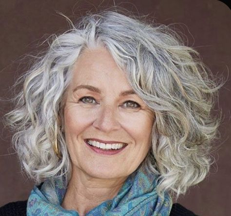 Perms For Gray Hair Over 50, Gray Wavy Bob Hairstyles, Shoulder Length Curly Grey Hair, Grey Curly Shag Hairstyles, Medium Length Grey Wavy Hair Styles Over 50, Short Wavy Grey Hair Over 50, Haircuts For Over 50, Curly Hairstyle For Women, Curly Grey Shag Haircut