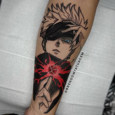 Anime Style Tattoos For Men, Gojo Tattoo Ideas, Gojo Satoru Tattoo Ideas, Anime Tattoo Ideas For Men, Gojo Satoru Tattoo, Cool Anime Tattoos, Cool Anime Tattoo Ideas, Jujutsu Kaisen Tattoo Ideas, Anime Tattoos For Men