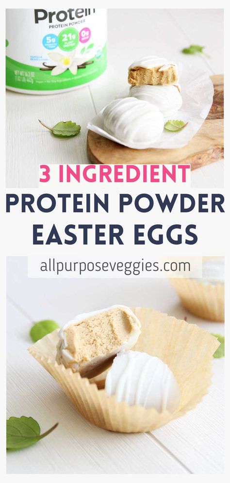 Healthy Protein Powder Easter Eggs Recipe (Just 3 ingredients!) - All Purpose Veggies High Protein Easter Treats, Easter Protein Ideas, Protein Easter Treats, Healthy Protein Powder, Healthy Easter Treats, Healthiest Protein Powder, Easter Kids Food, Easy Easter Treats, Healthy Easter