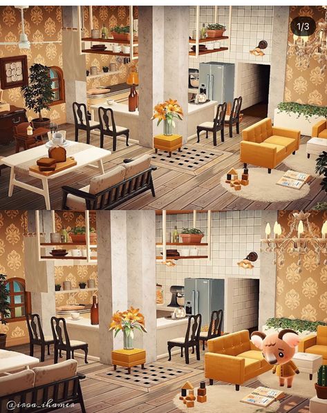 Acnh Living Room Kitchen Design, Animal Crossing Happy Home Paradise Island Ideas, Acnh Hhp Melba, Acnh Interior Designs Living Room, Animal Crossing House Ideas Interior, Acnh Living Rooms Ideas, Villager House, Indoor Designs, Acnh Hhp