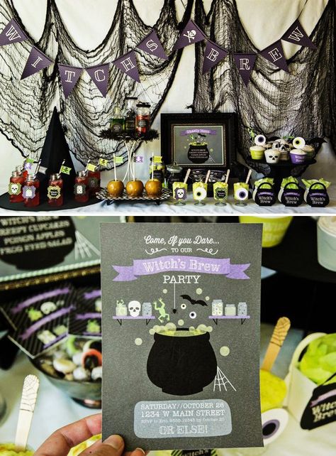 cauldron invitation for a witch inspired halloween party Adult Halloween Party Food, Bat Party, Halloween Tea Party, Hallowen Party, Hocus Pocus Party, Wizard Party, Witch Party, Coworker Gifts, Diy Treats