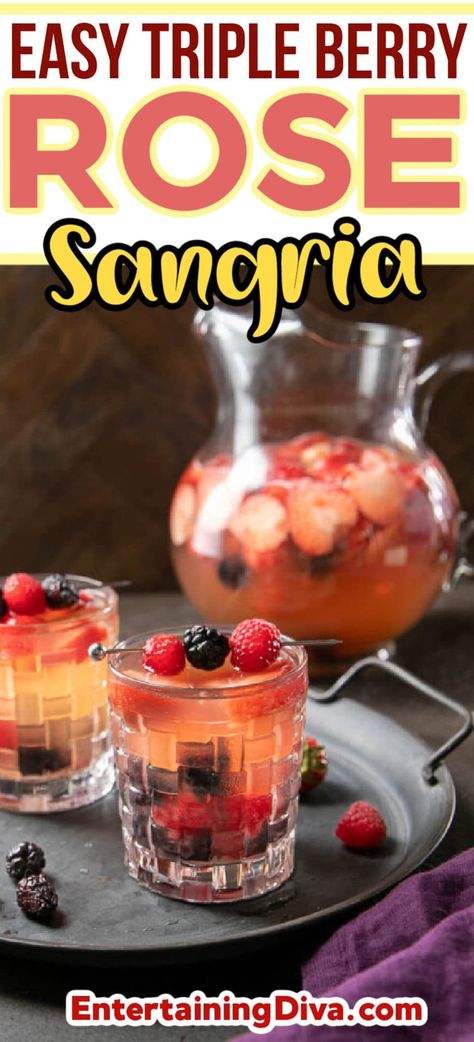 Easy Triple Berry Rose Sangria Rose Sangria Recipes Fall, Berry Sangria Recipes, Rose Sangria Recipes, Rose Wine Sangria, Summer Sangria Recipes, Raspberry Sangria, Berry Cocktail, Berry Sangria, Drink Recipies