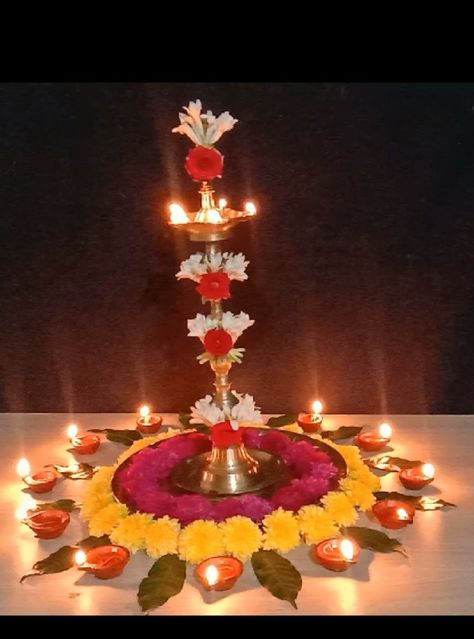 Kuthu Vilaku Decoration With Flowers, Lamp Decoration Ideas For Pooja, Samai Decoration With Flowers, Samai Decoration Idea, Kuthu Vilaku Decoration, Karthigai Deepam Decoration, Vilakku Decoration, Lakshmi Puja, Simple Flower Rangoli