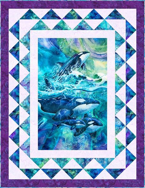 Escape into the bliss of a breaching orca pod with this enchanting aquatic free quilt pattern! Queen Size Quilt Pattern, Diy Dollhouse Books, Orca Pod, Wildlife Quilts, Whale Song, Panel Ideas, Panel Quilt Patterns, Sea Quilt, Dolphin Art