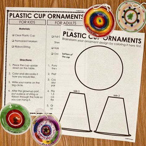 Shrinky Dink Cup Ornaments, Plastic Cup Ornaments Melted, Plastic Cup Shrinky Dink, Science Christmas Decorations, Plastic Cup Ornaments, Shrinky Dink Ornaments, Recyclable Art, Cup Ornaments, 4h Ideas