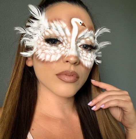 Swan Mask Masquerade Ball, Swan Face Paint, Swan Masquerade Mask, White Swan Makeup, Swan Mask, Masquerade Mask Makeup, Swan Makeup, Ballet Makeup, Masquerade Makeup