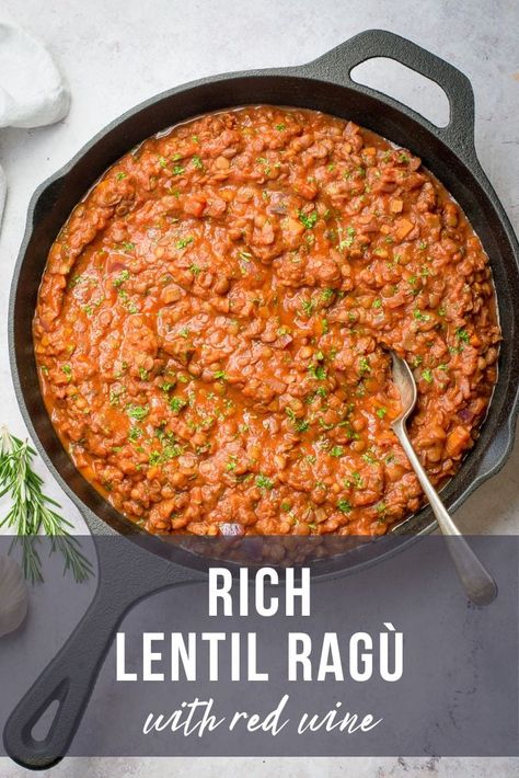 This rich lentil ragù is cooked with red wine, herbs and mushrooms until thick and glossy. Perfect with pasta, and ideal for freezing. Red Wine Recipes Cooking, Plant Based Protein Recipes, Cooking With Red Wine, Vegan Freezer Meals, Lentil Ragu, Vegan Moussaka, Vegan Mediterranean, Everyday Dinners, Red Wine Recipe