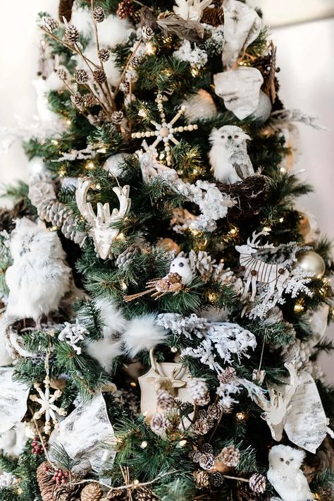 Love the birds! Try a rustic winter woodland Christmas tree theme this year. With simple natural ornaments like owls, deer, birds, and flocked branches. Find more Christmas tree ideas at PartiesWithACause.com #christmastree #christmasdecor #farmhousechristmas #christmashome Christmas Tree With Pinecones, Woodland Themed Christmas, Winter Woodland Christmas, Owl Christmas Tree, Woodland Christmas Decor, Glam Christmas Tree, Fruit Christmas Tree, Woodland Christmas Tree, Glam Christmas Decor