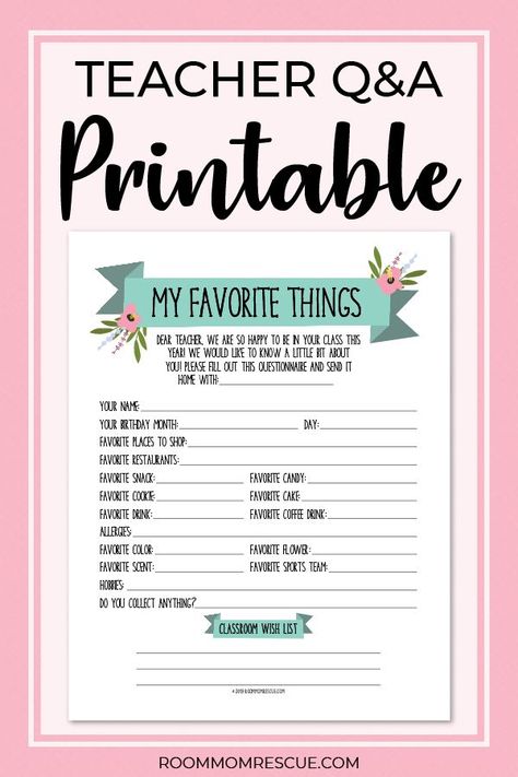 Find out exactly what gift to give the teacher to show her you appreciate everything she does! No need to search for ideas, let her tell you what she really wants with this free printable questionnaire. Give the best birthday, Christmas and End of Year gifts, year after year! Repin and grab the Room Mom Quick Start Guide at: www.roommomrescue.com! Room Mom Letter, Get To Know The Teacher, Teacher Questionnaire, Easy Teacher Gifts, Room Parent, Surprise Ideas, Teachers Room, Appreciate Everything, Teacher Birthday