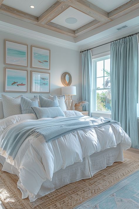 Small Bed Designs, Preppy Coastal Aesthetic, Light Blue Room Decor Ideas, Medium Room Ideas, Bedroom Decor Cozy Relaxing, Beachy Preppy Bedroom, Getting Ready Room Ideas, Costal Bedroom Idea, Bedrooms For Women