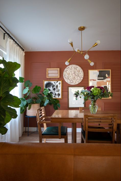 Dining room gallery wall red room fluted diy project reeding accent wall plants Boho Kitchen Accent Wall, Terra Cotta Accent Wall, Fluted Accent Wall, Trim Accent Wall, Fluted Trim, Kitchen Accent Wall, Accent Wall Dining Room, Box Trim, Accent Wall In Kitchen