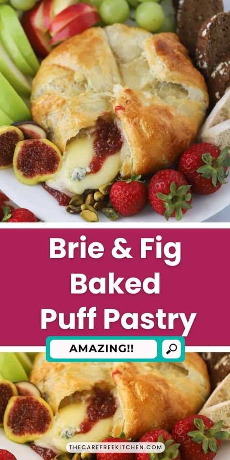 Baked Brie with Fig Jam - The Carefree Kitchen Breakfast Brie Recipes, Brie With Puff Pastry And Jelly, Baked Brie With Fig Jam Puff Pastry, Baked Brie And Fig Jam, Brie With Jam, Baked Brie With Fig Jam, Brie With Fig Jam, Baked Brie With Jam, Baked Brie Recipes